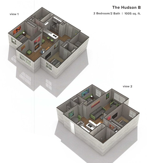 Floor plan for 2 beds, 2 baths, 1005 sqft